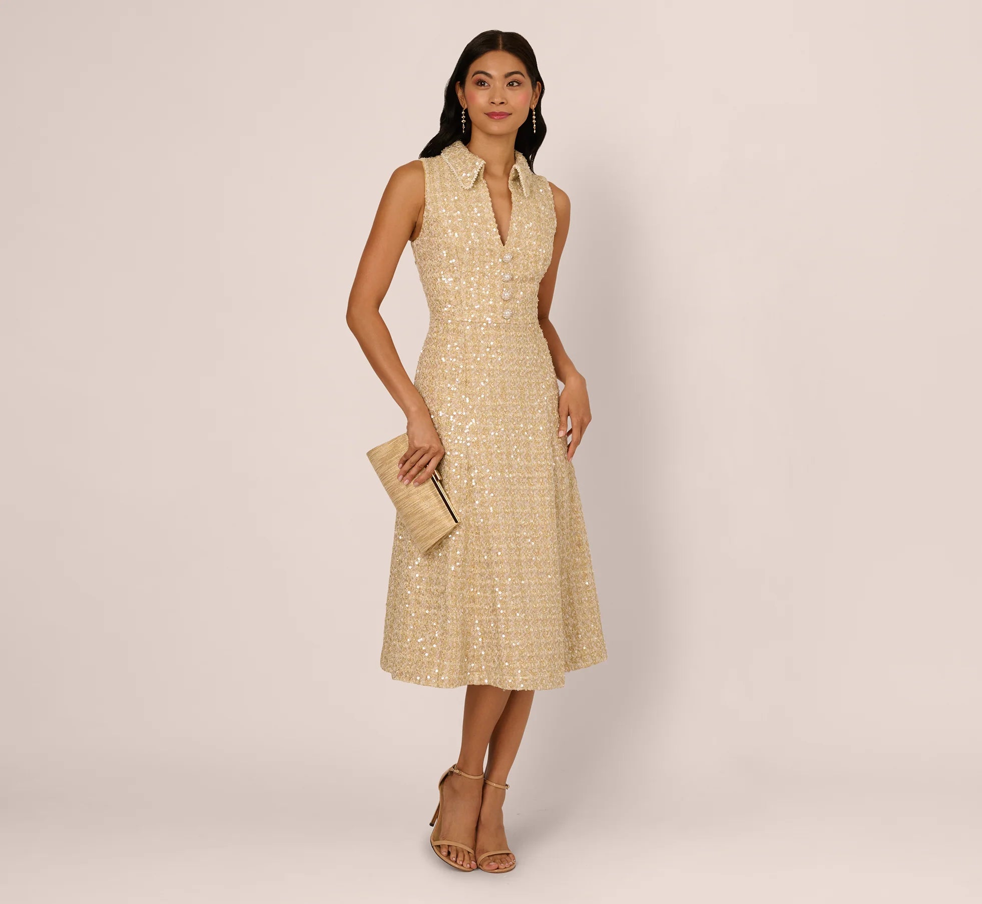 Collared Sequin Tweed Midi Dress In Champagne