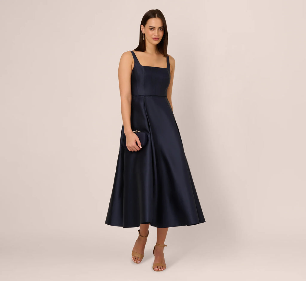 Mikado Sleeveless Square Neck Midi Dress In Midnight