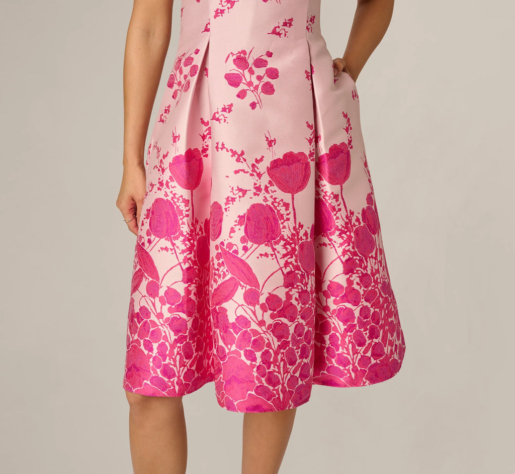 Square Neck Tulip Floral Border Jacquard Dress In Pink Multi
