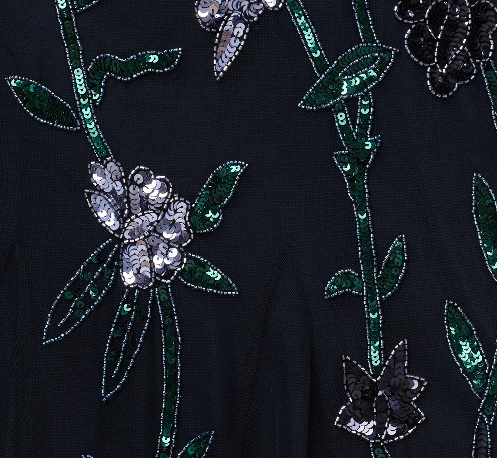 Square Neck Short Sleeve Beaded Godet Gown In Midnight Multi