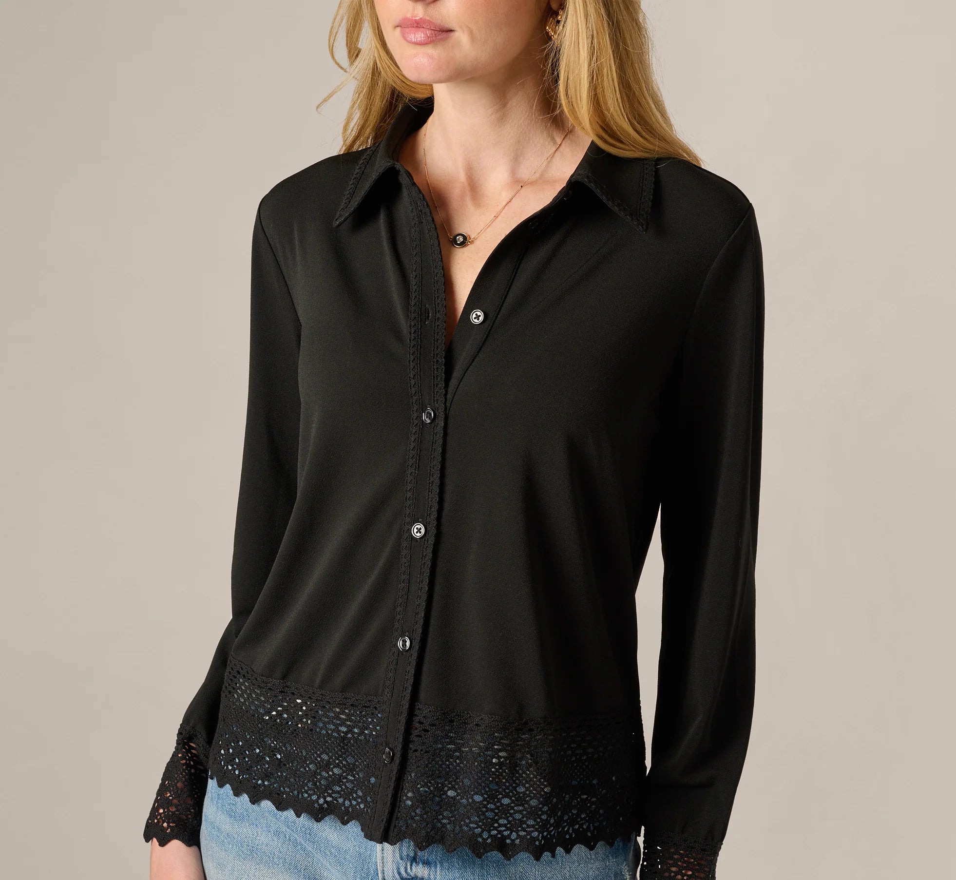 Long Sleeve Crochet Lace Collared Blouse In Black