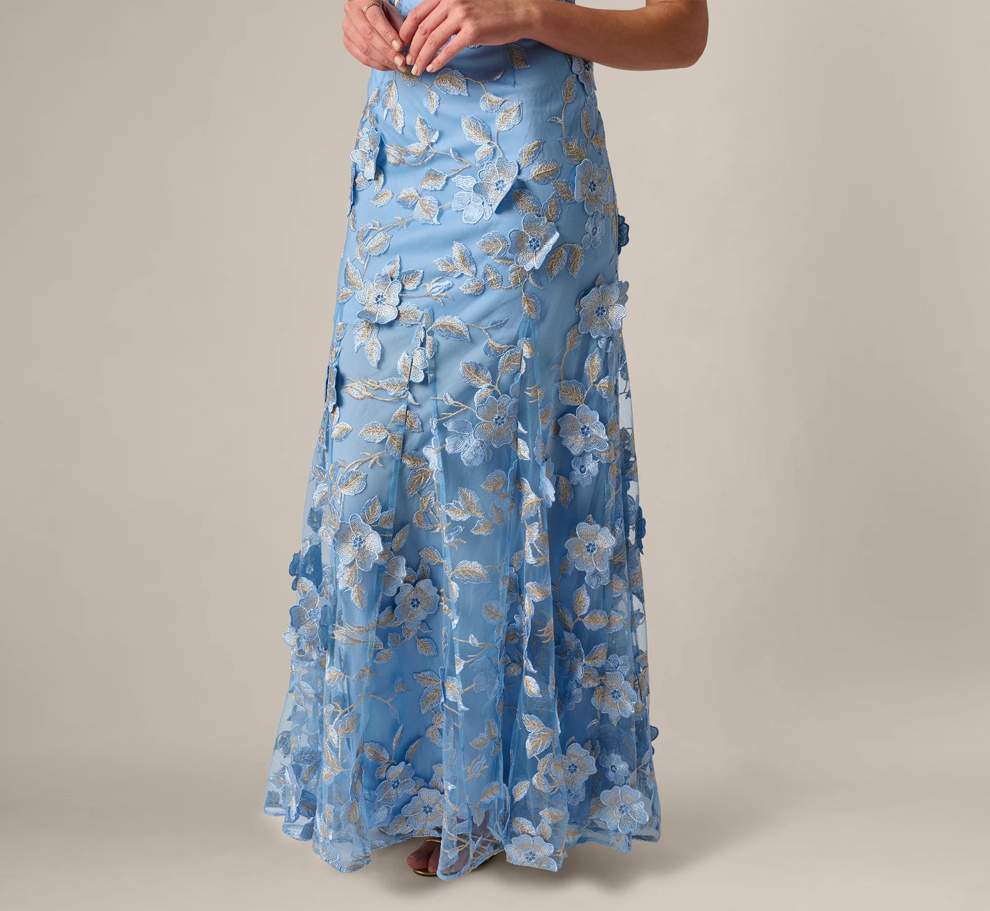 Cap Sleeve Floral Embroidered Illusion Godet Gown In Light Blue Gold