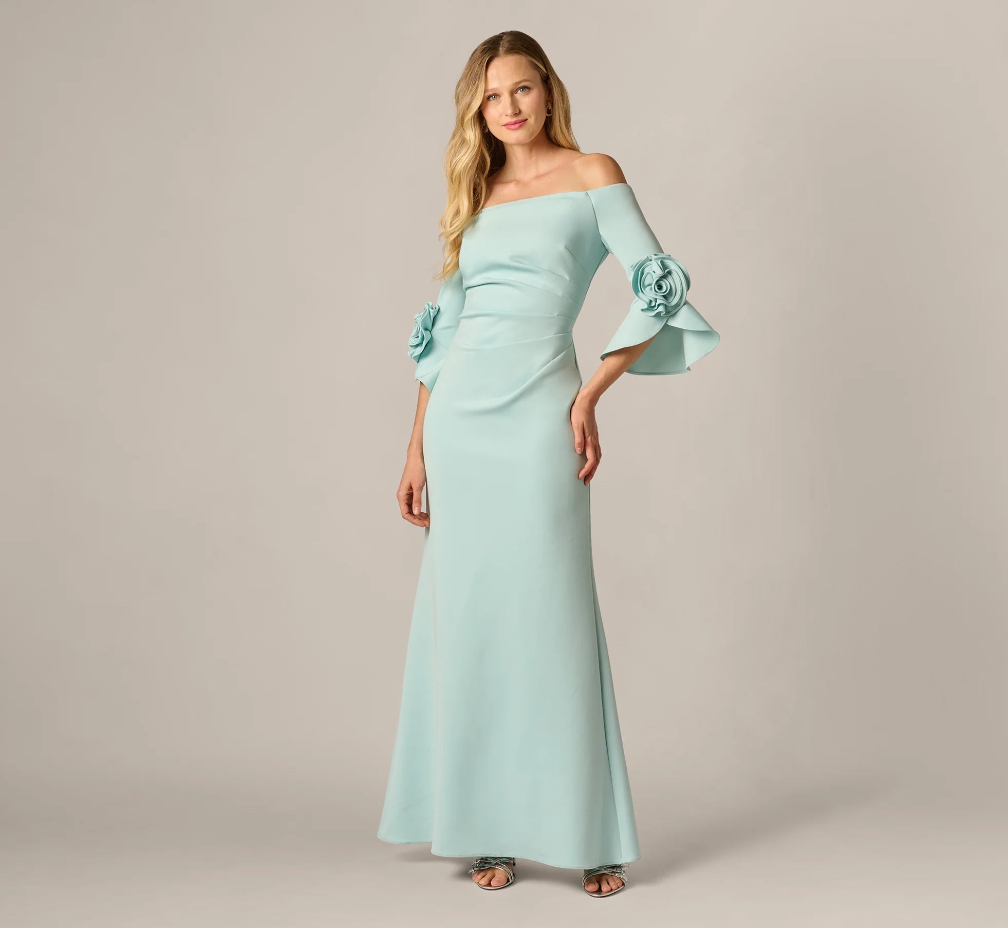 Off Shoulder Bell Sleeve Rosette Gown In Airy Aqua