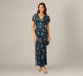 Flutter Sleeve Floral Beaded Column Gown In Midnight Multi