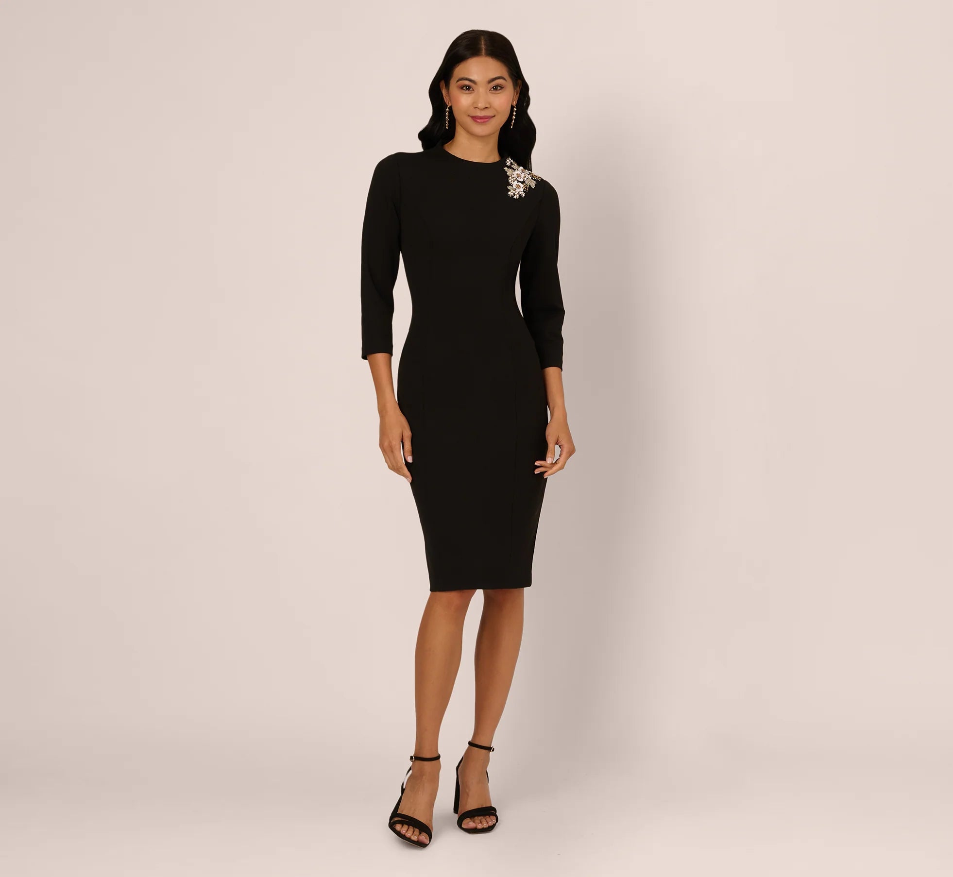 Three Quarter Sleeve Floral Applique Sheath Dress In Black