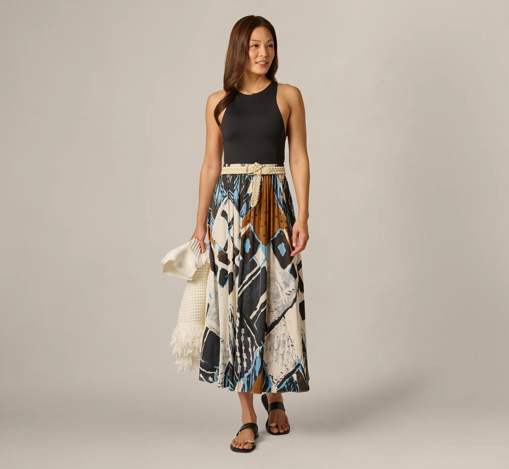 Printed Side Slit A Line Midi Skirt In Blue Diamond Tiki