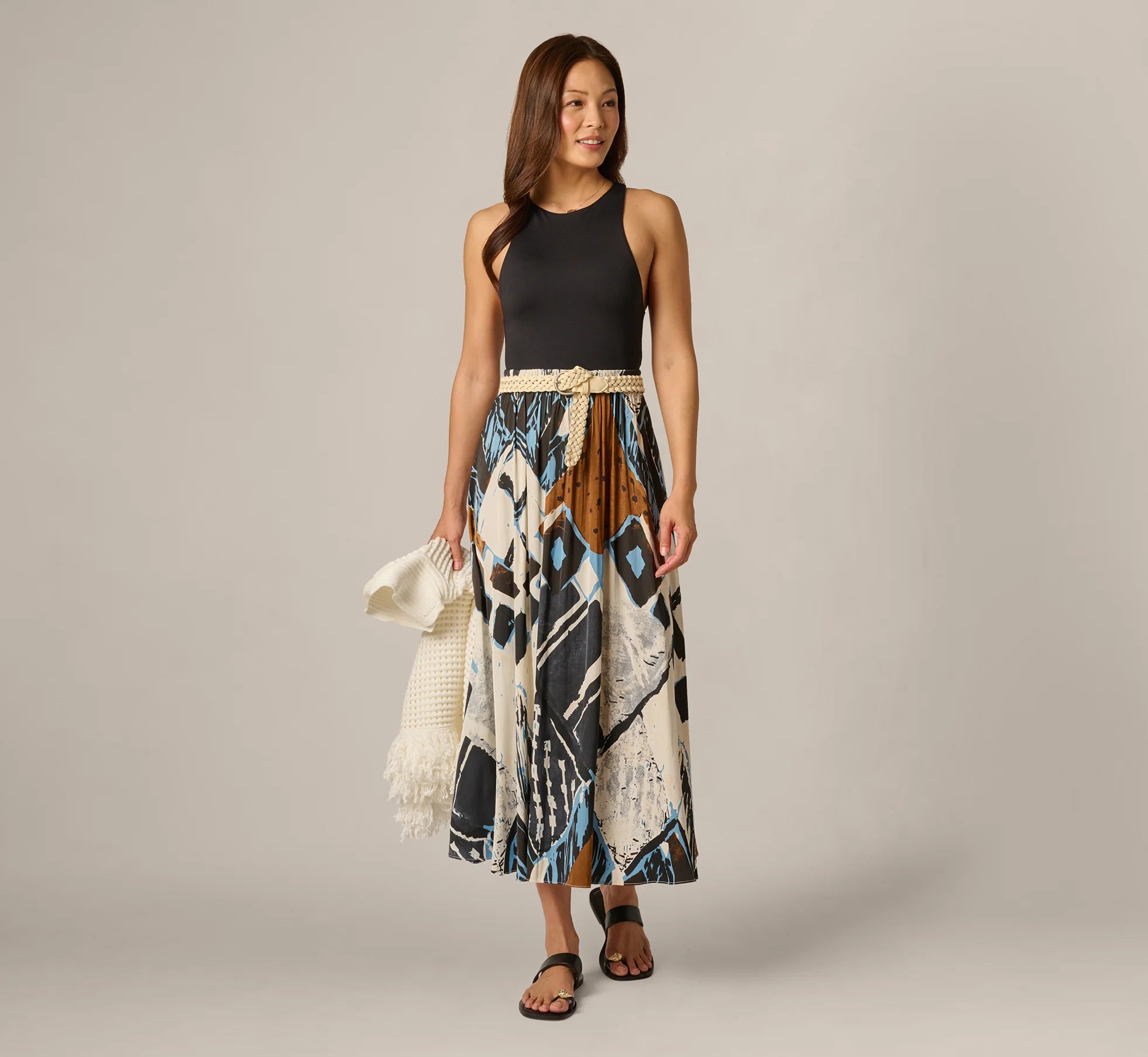 Printed Side Slit A Line Midi Skirt In Blue Diamond Tiki
