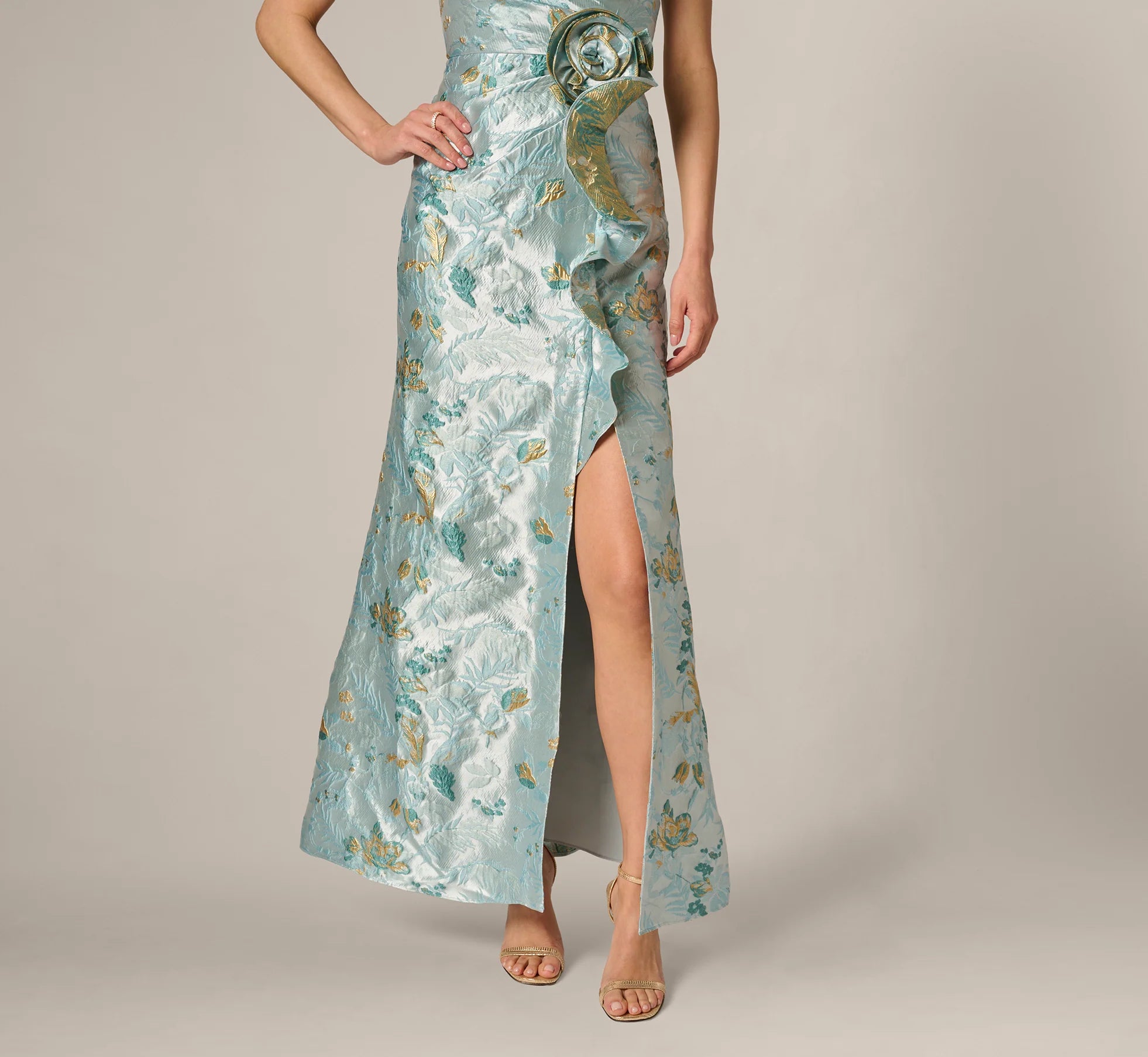 Petite One Shoulder Floral Jacquard Rosette Gown In Blue Multi
