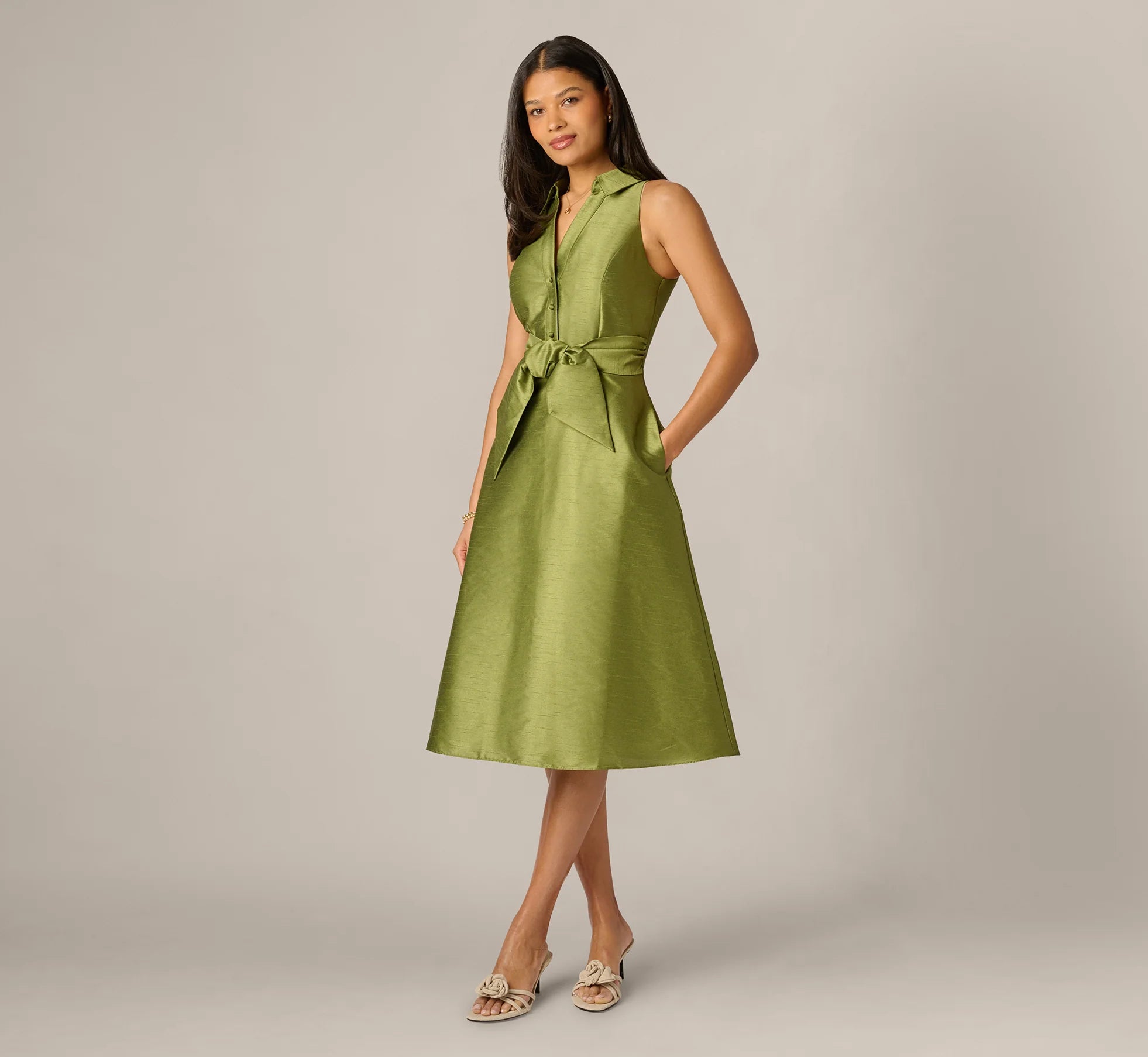 Dupioni Collared Tie Front A Line Midi Dress In Olive
