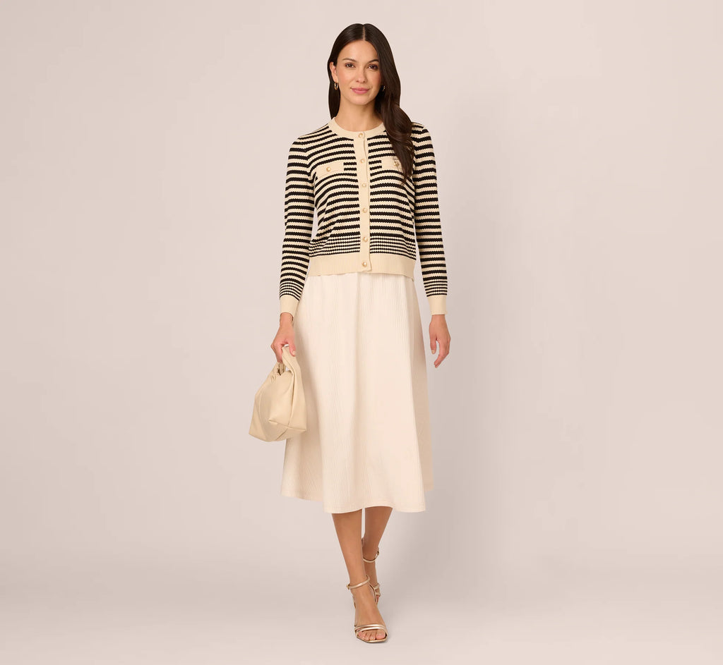 Crew Neck Button Front Striped Pointelle Cardigan Sweater In Cream Black