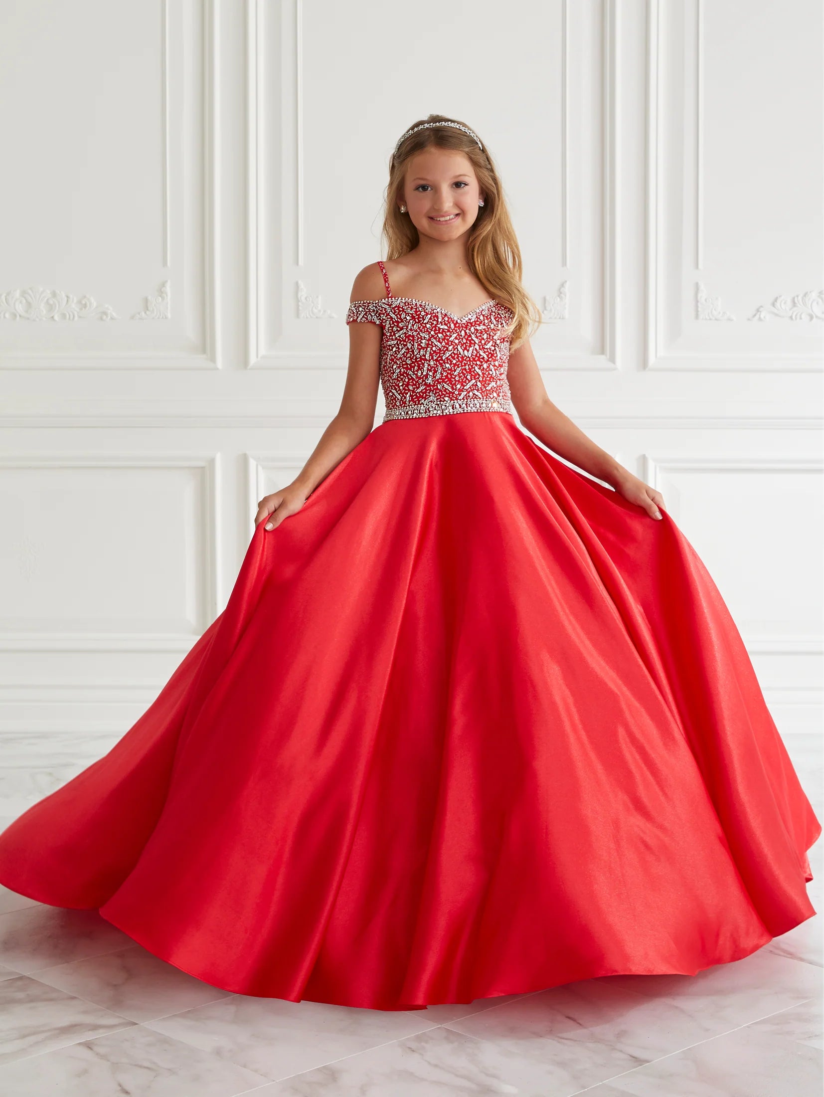 Beaded Satin Gown with Lace Up Back