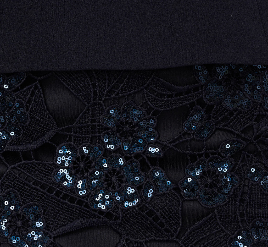 Sleeveless Sequin Lace Combo Midi Dress In Midnight
