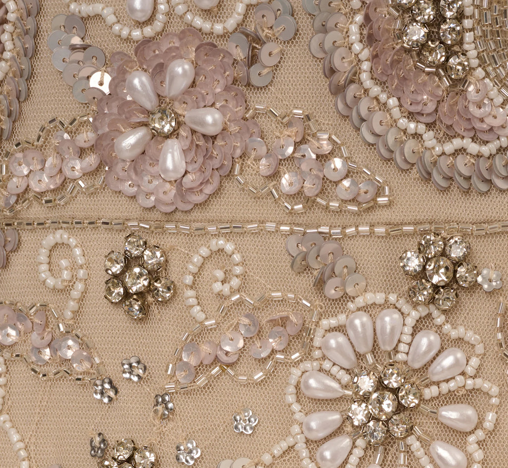 3D Floral Beaded Mermaid Gown With Sheer Short Sleeves In Biscotti