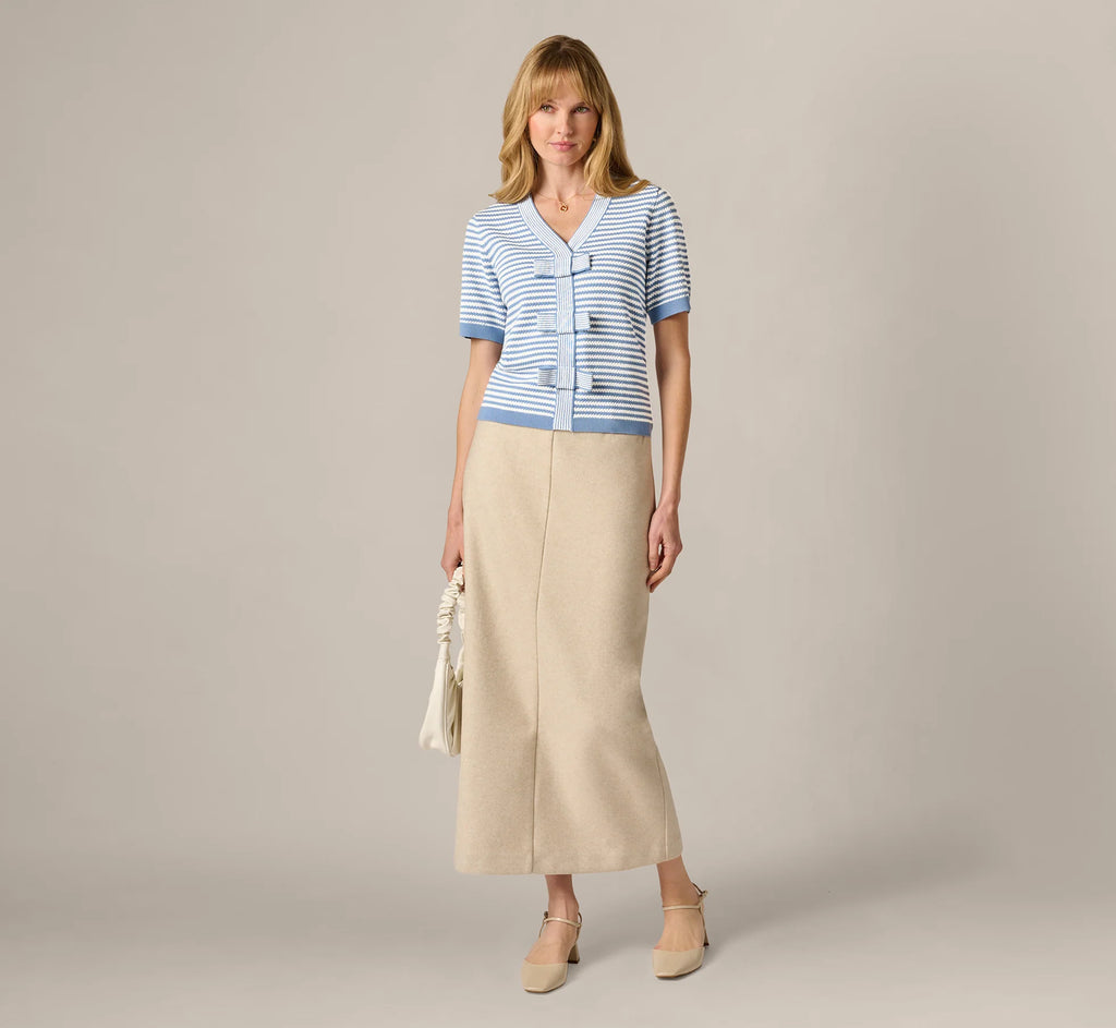 Short Sleeve Bow Pullover Sweater In Classic Blue Ivory