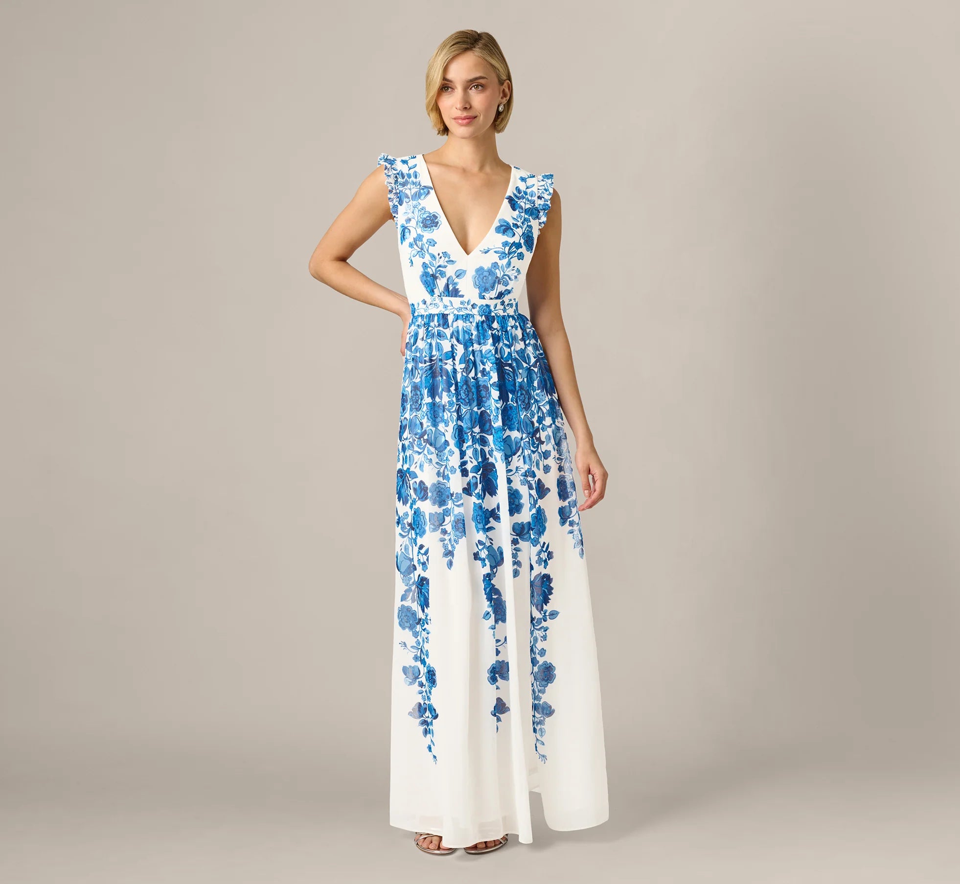 Chiffon Floral Vine Border Print Gown In Ivory Blue