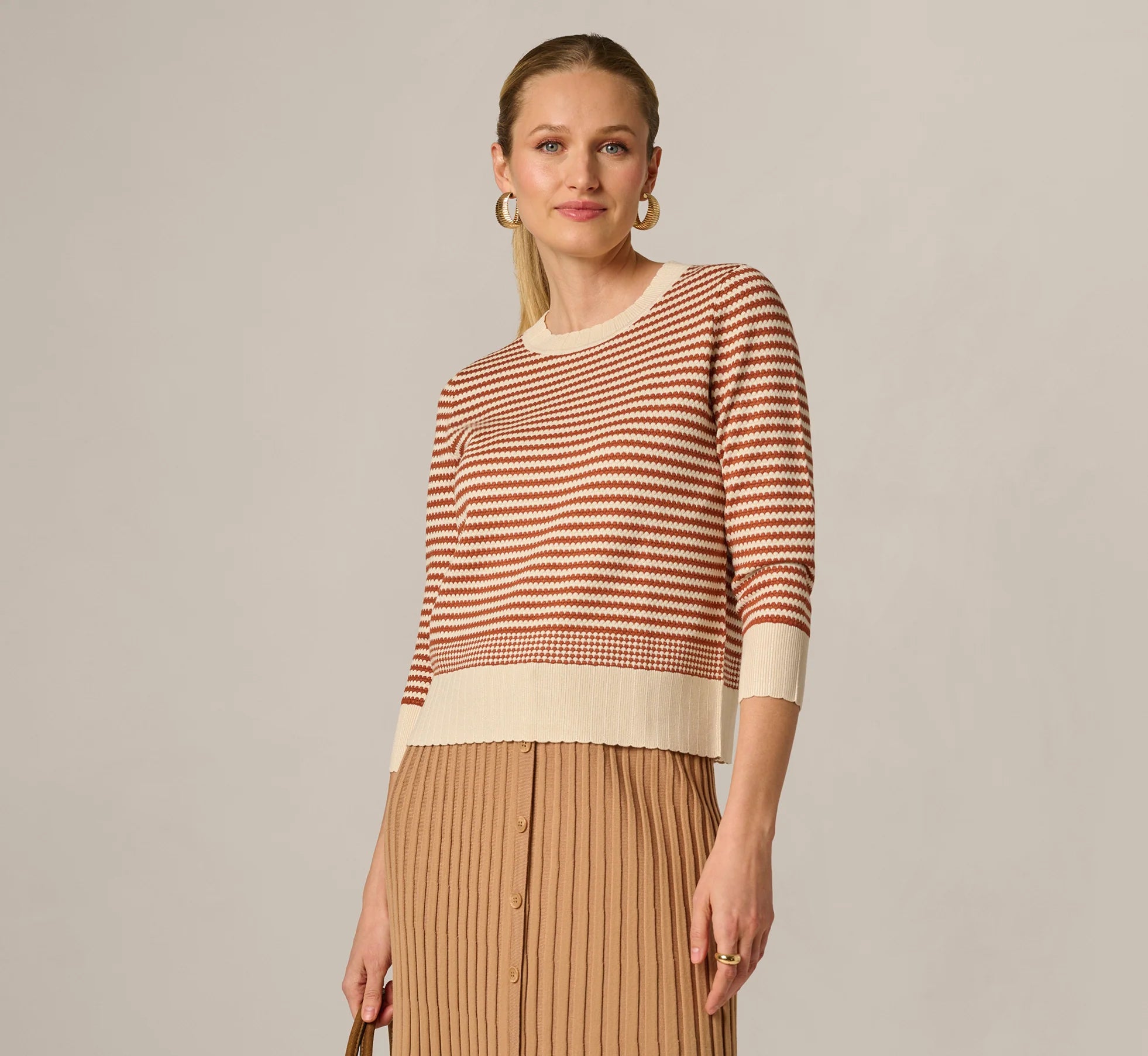 Three Quarter Sleeve Stripe Knit Sweater Top In Cream Mocha Bisque