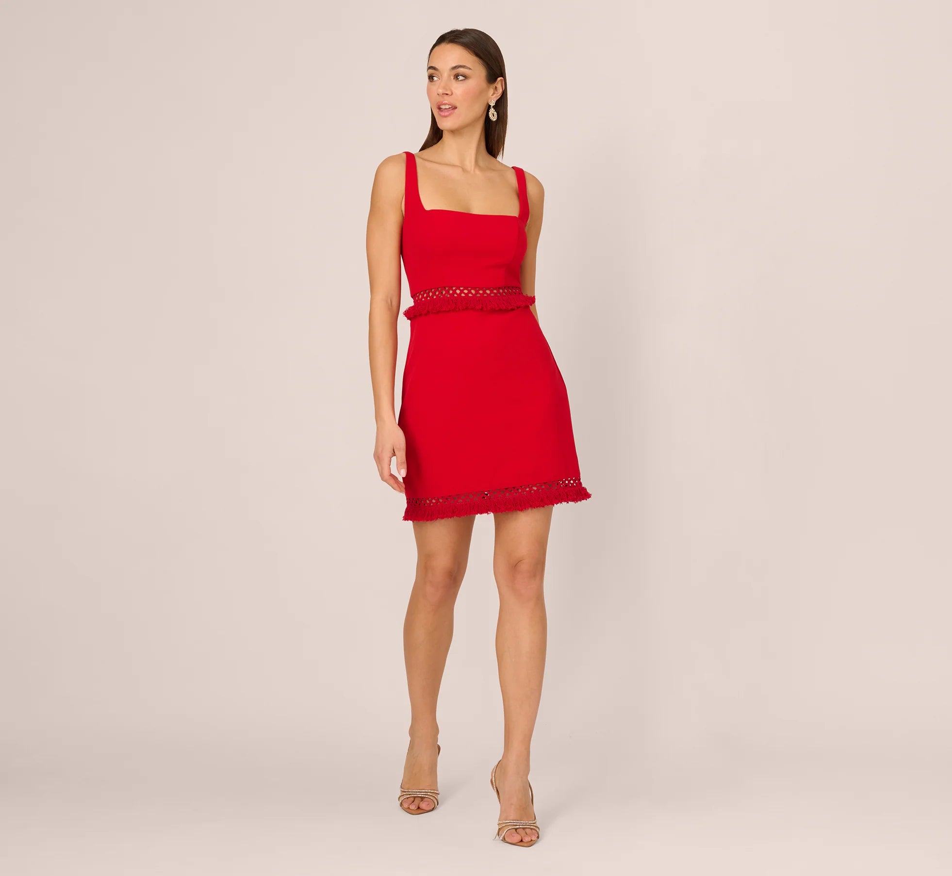 Sleeveless Cutout Fringe Trim Mini Dress In Hot Pepper