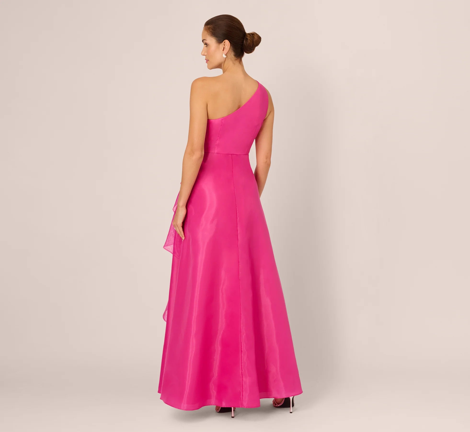 One Shoulder Tulle Cascade Gown In Lipstick
