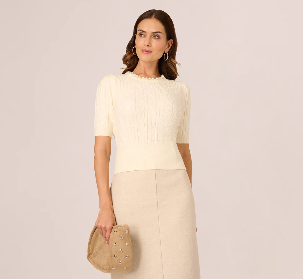 Short Sleeve Pearly Collar Sweater In Sugar Cream
