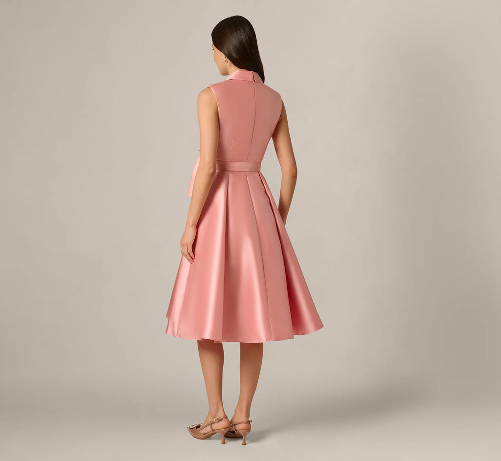 Mikado Lapel Belted Midi Dress In Apricot Ice
