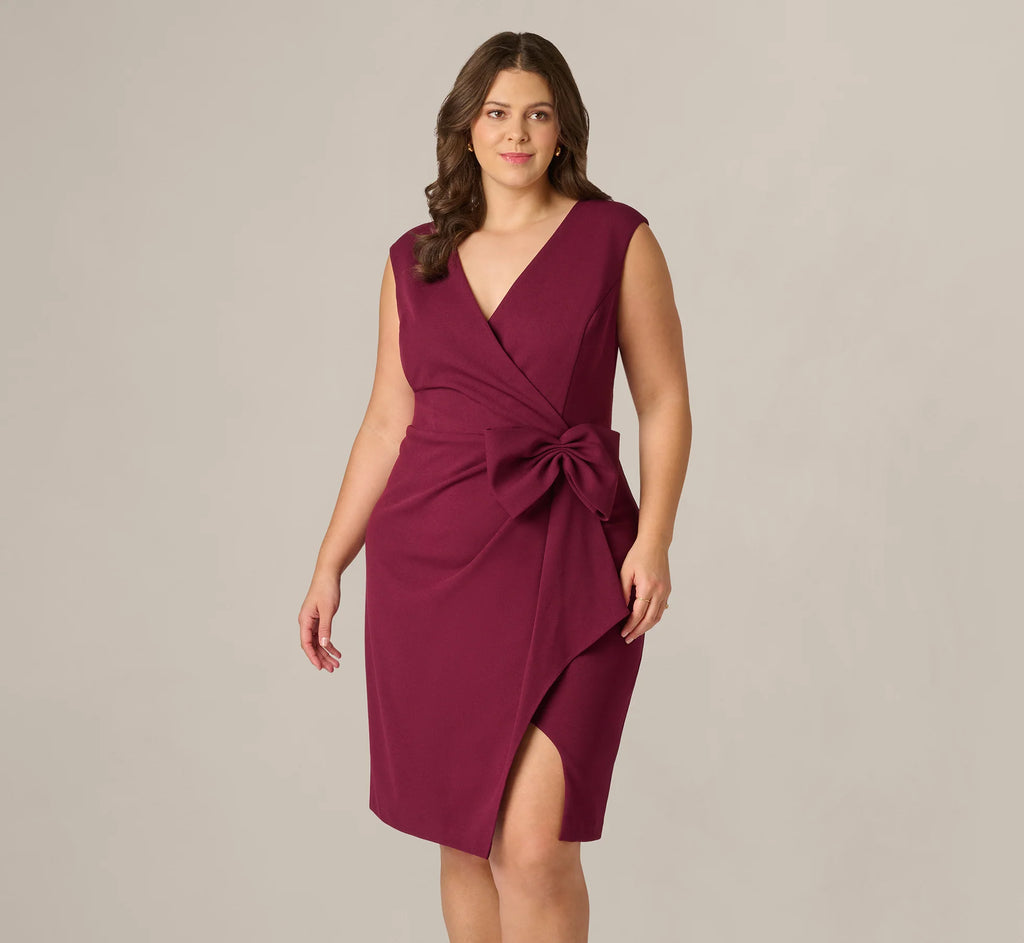 Plus Size Bow Accent Stretch Wrap Dress In Cabernet