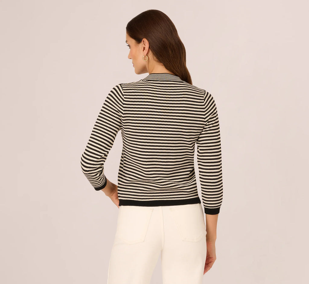Three Quarter Sleeve Bow Pullover Sweater In Cream Black