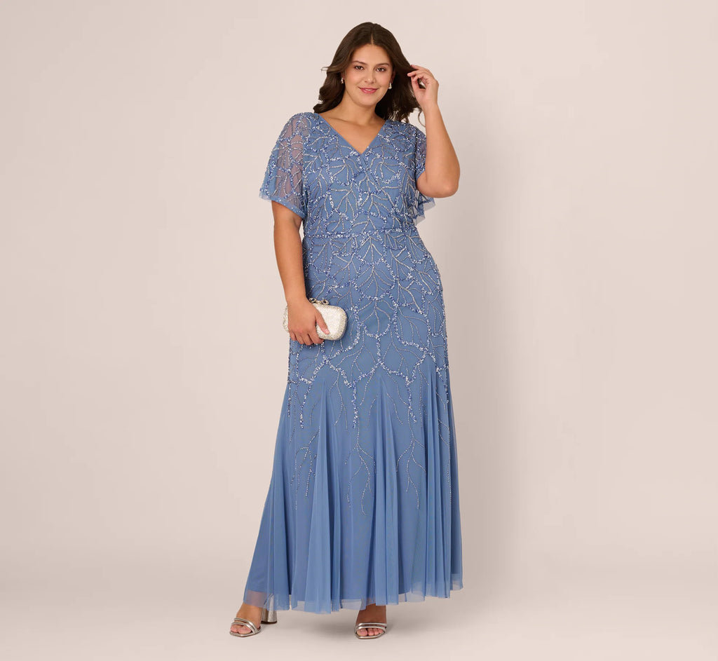 Plus Size Flutter Sleeve Surplice Beaded Gown In French Blue