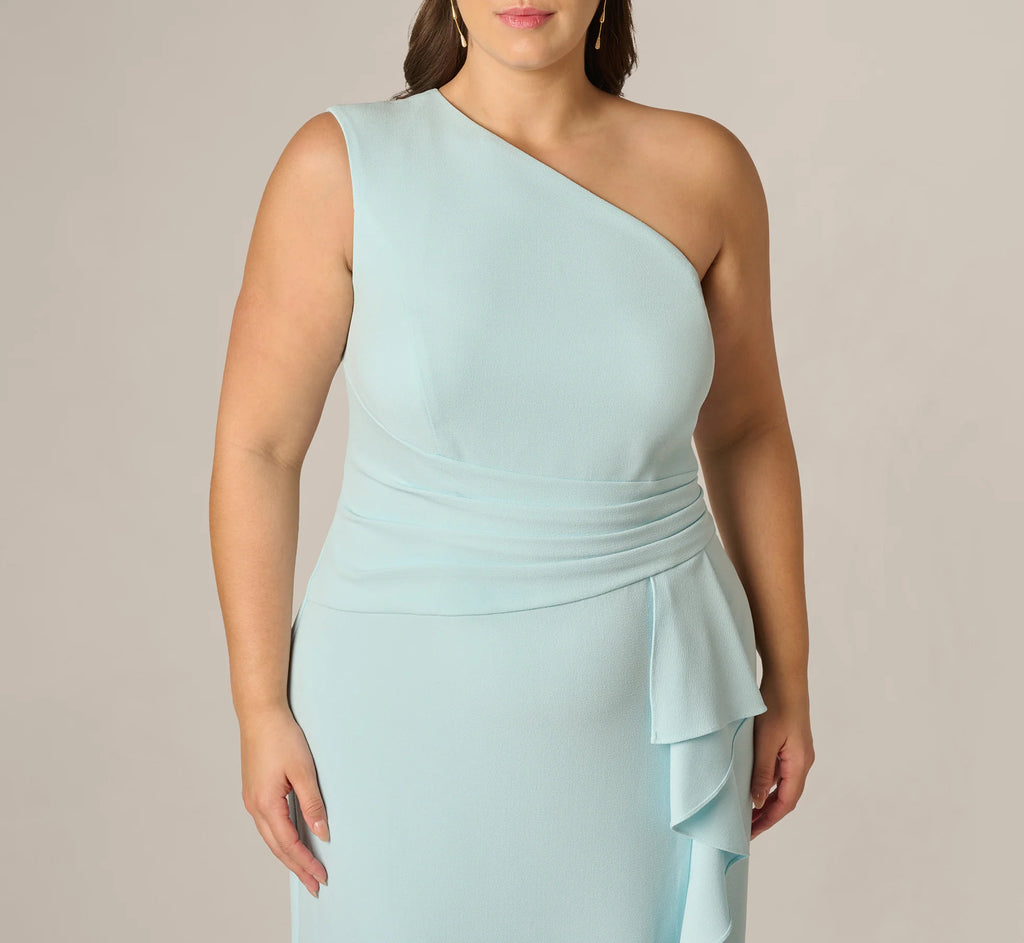 Plus Size One Shoulder Draped Ruffle Stretch Gown In Clear Sky