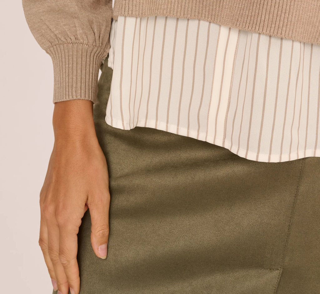 Long Sleeve Collared Printed Twover Sweater In H. Oatmeal W  Staple Stripe