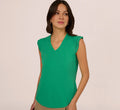 V-Neck Top With Pleated Flutter Sleeves In Simply Green