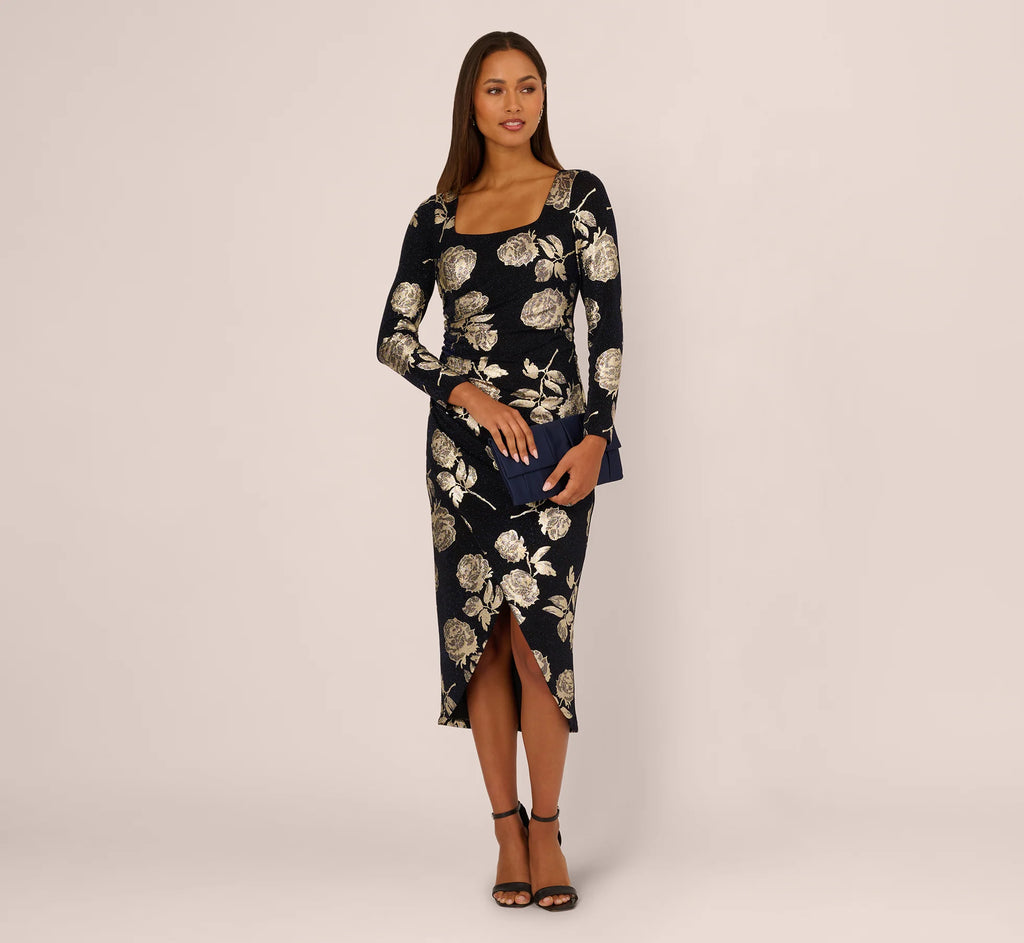 Long Sleeve Stretch Metallic Rose Floral Midi Dress In Navy Gold