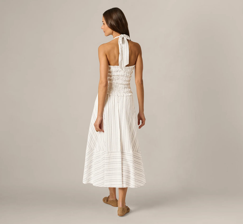 Smocked Seersucker Halter Midi Dress In Ivory Multi