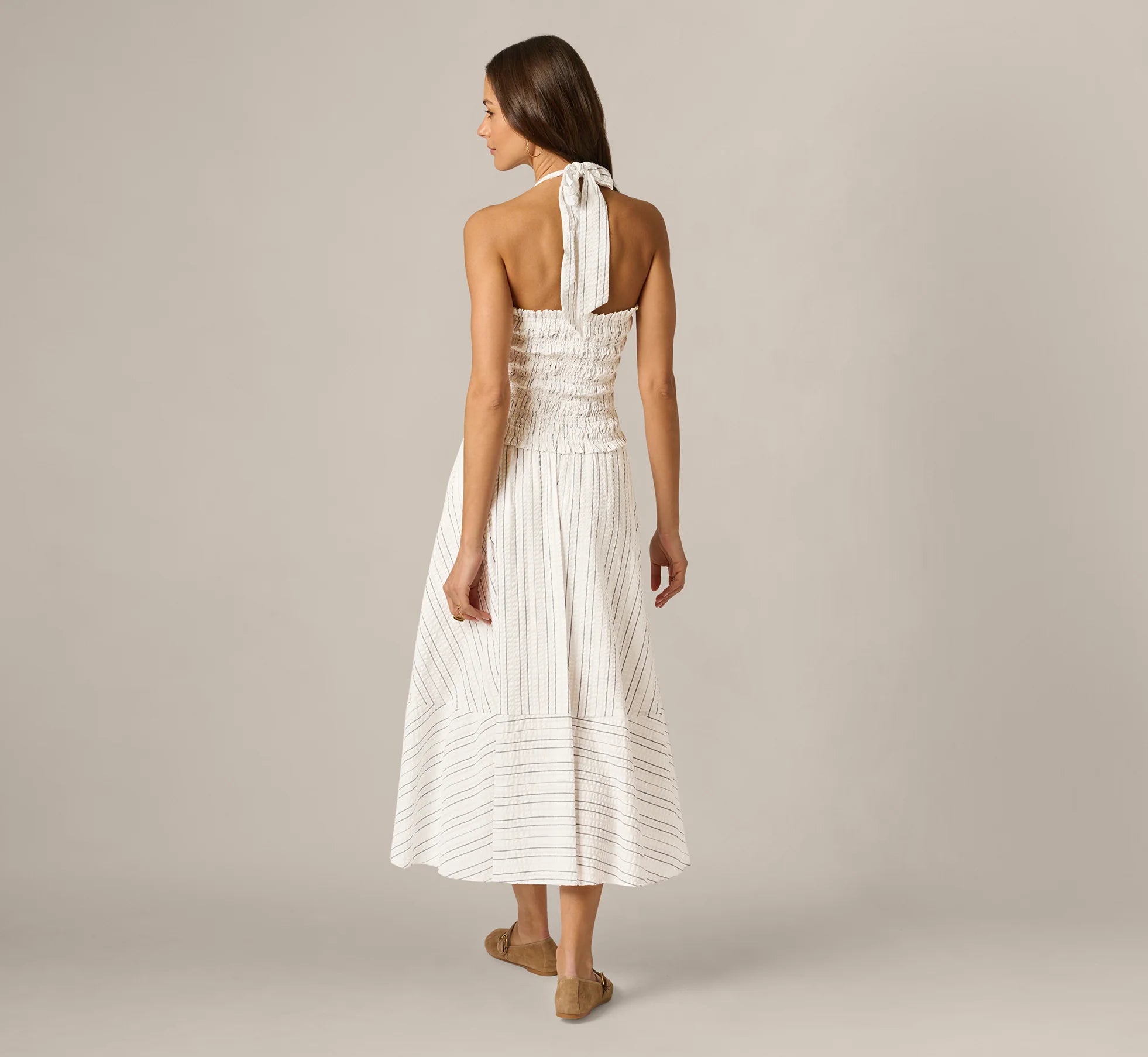 Smocked Seersucker Halter Midi Dress In Ivory Multi