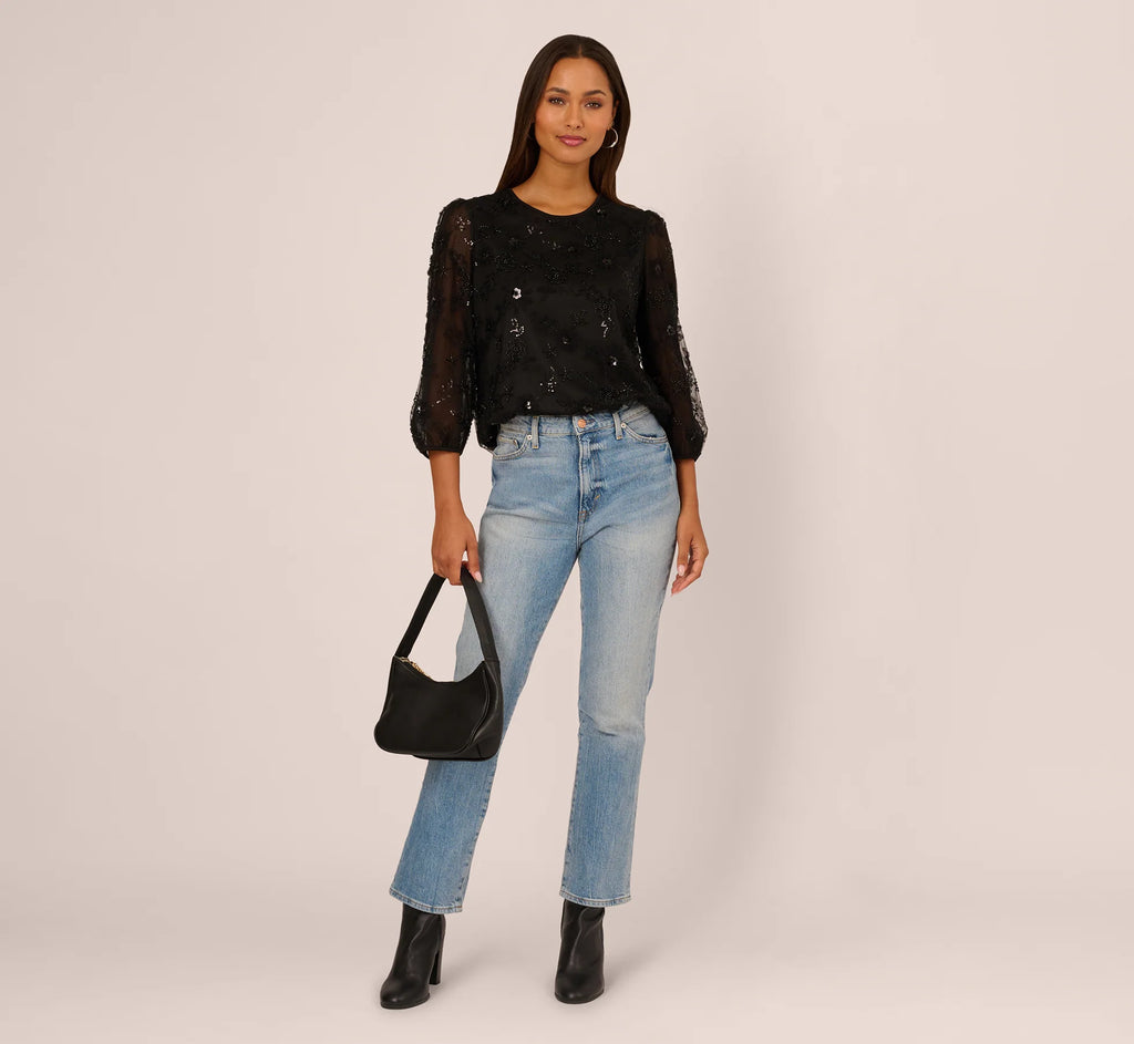 Three Quarter Sleeve Sequin Bead Top In Black