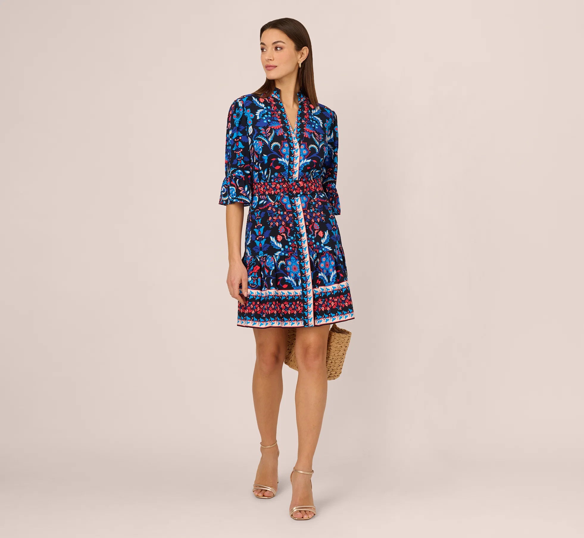 Abstract Print Button Down Dress With Three Quarter Bell Sleeves In Navy Multi
