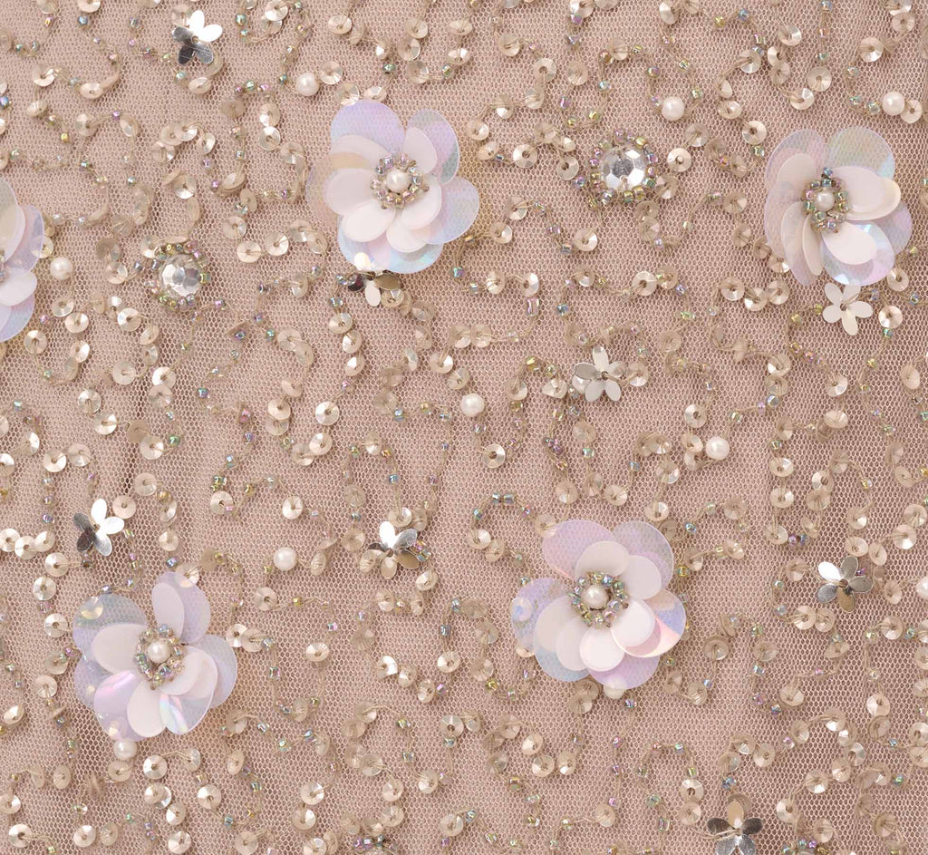 Long Hand Beaded 3D Floral Dress With Elbow Sleeves In Marble