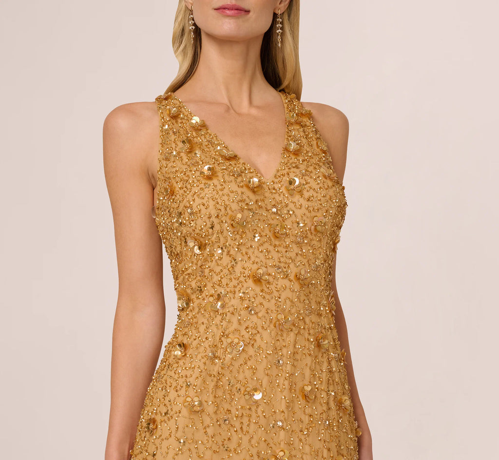 Sleeveless V Neck 3D Floral Beaded Gown In Golden Ray