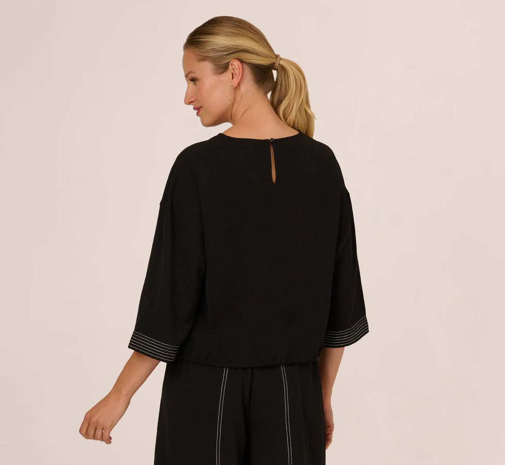 Three Quarter Sleeve Drop Shoulder Tie Waist Top In Black Ivory