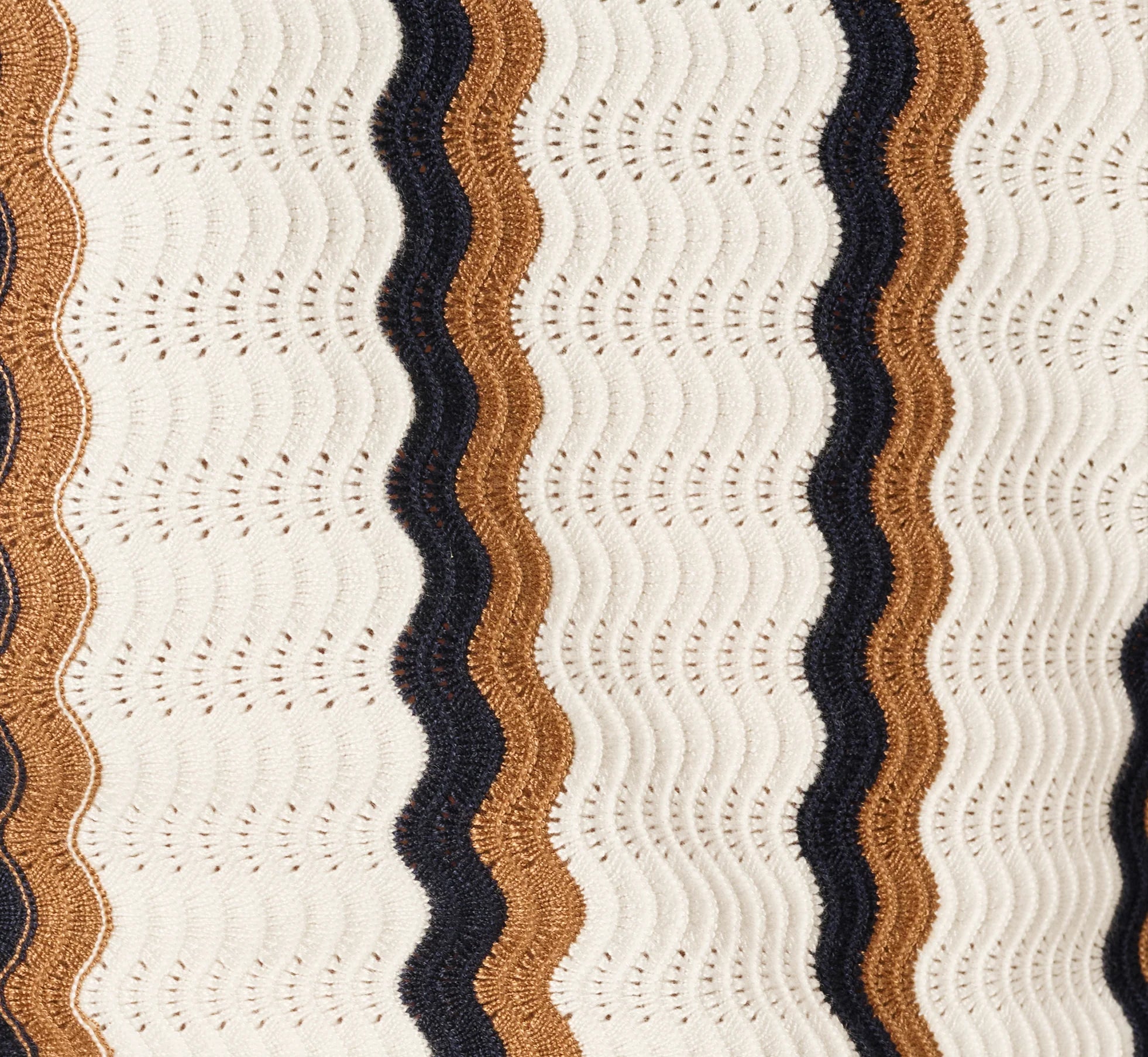 Open Knit Pointelle Scalloped Polo Sweater In Ivory Navy Camel