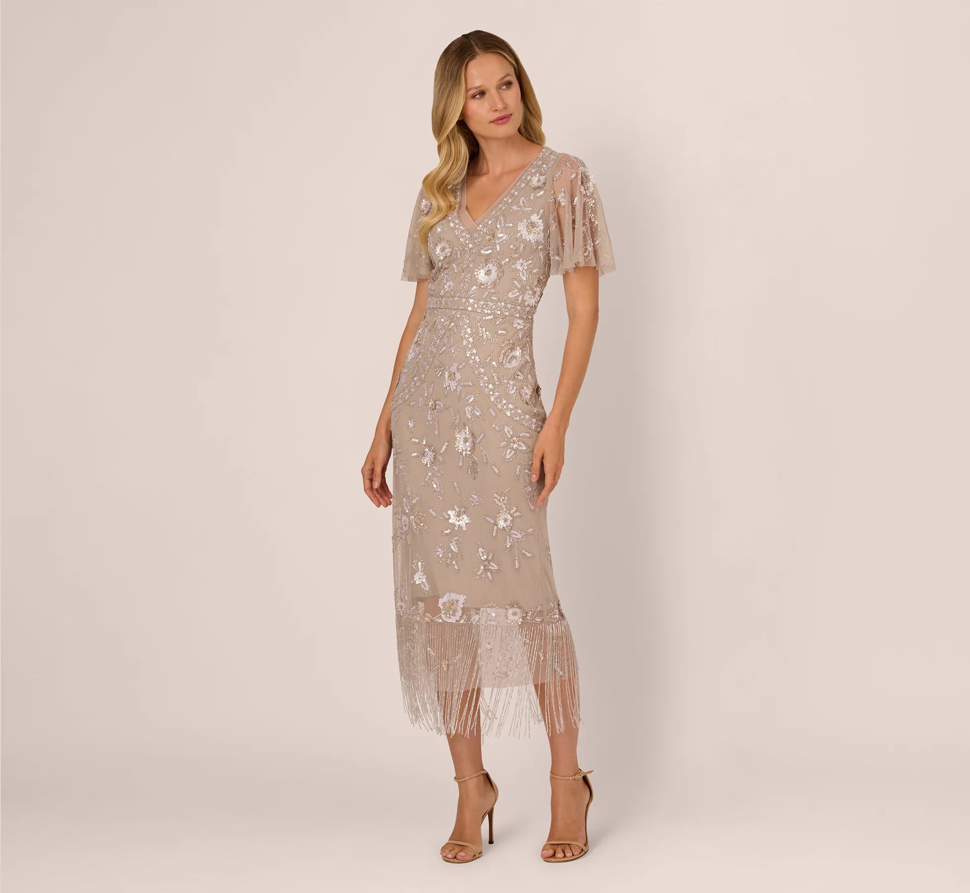 Flutter Sleeve Floral Beaded Fringe Midi Dress In Marble