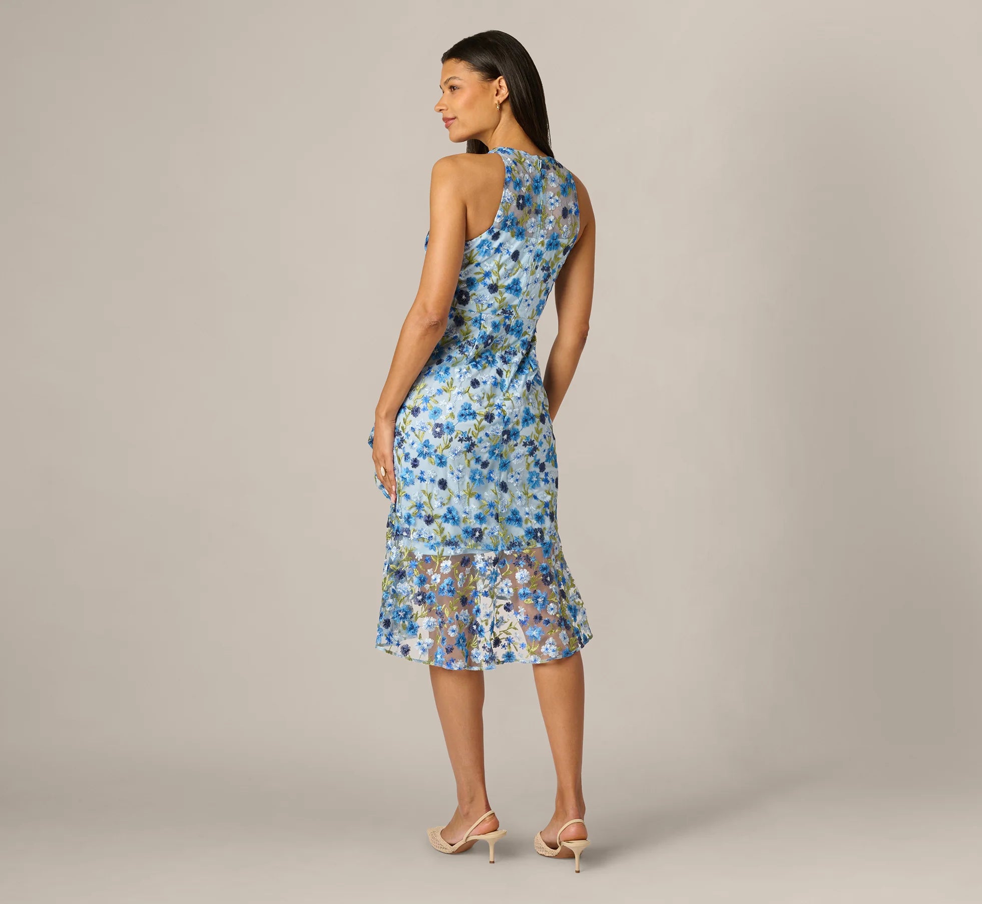 Floral Embroidered Flounce Halter Dress In Blue Multi