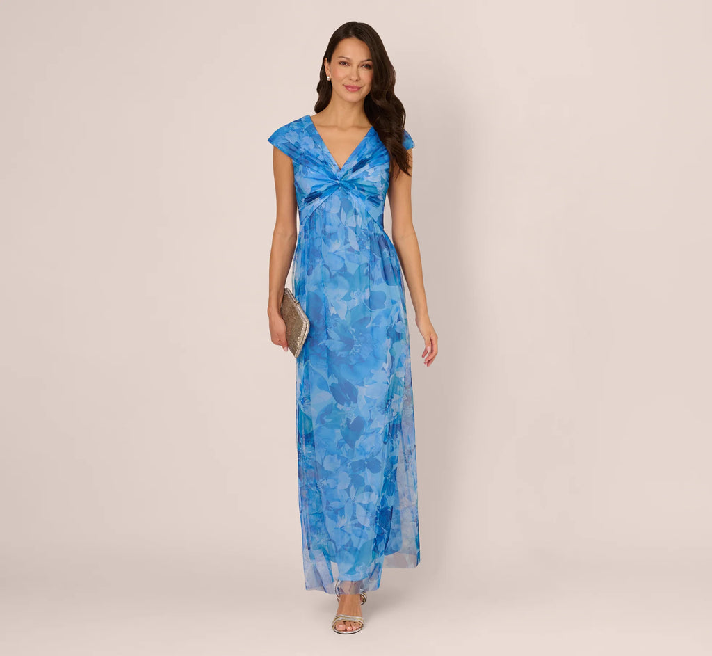 Cap Sleeve Twist Front Floral Tulle Gown In Blue Multi