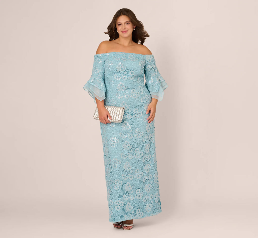 Plus Size Off Shoulder Bell Sleeve Sequin Lace Gown In Airy Aqua