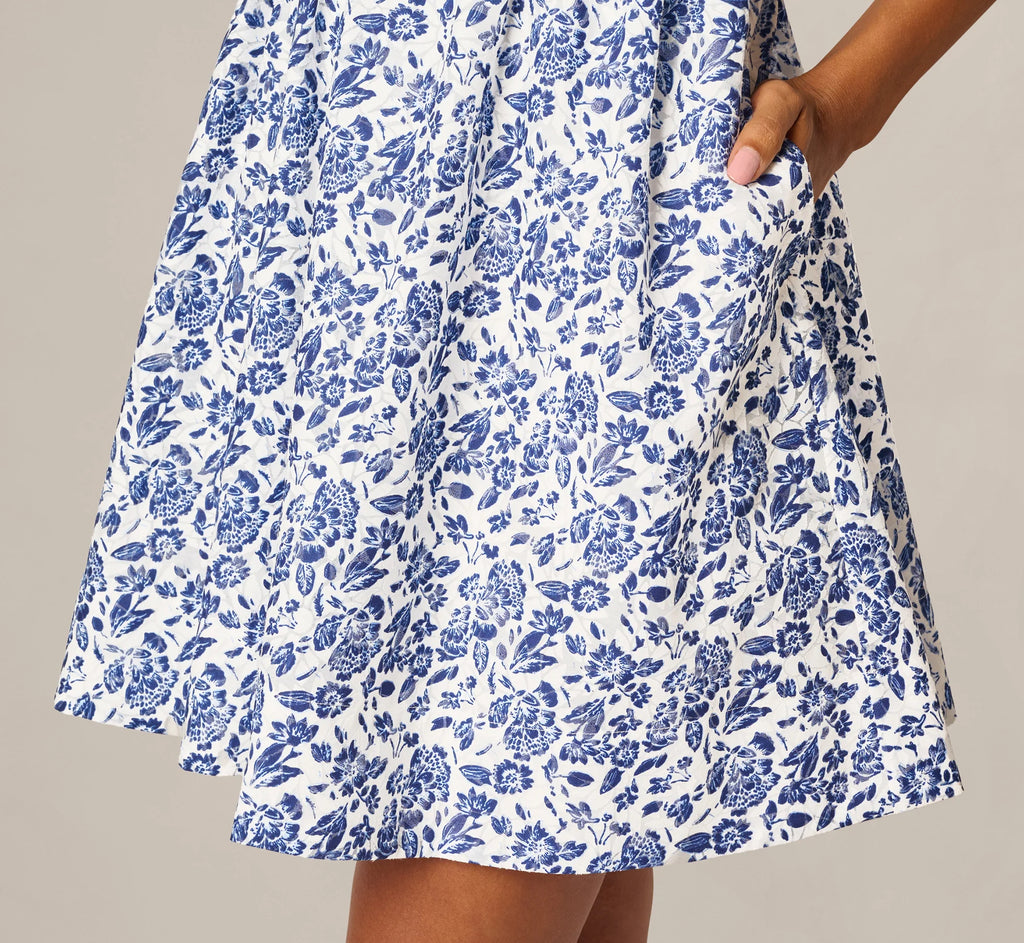 Floral Smocked Waist Short Dress In Ivory Blue Multi