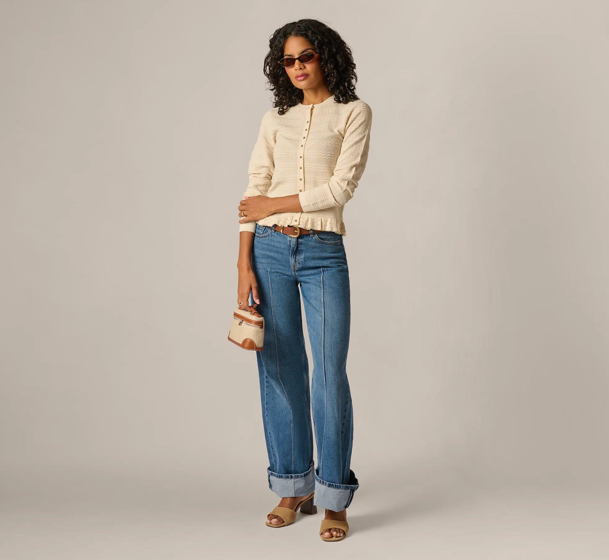 Ruffle Hem Cable Knit Cardigan Sweater In Cream
