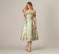 Floral Jacquard Ankle Length Dress With Off The Shoulder Neckline In Sage Gold