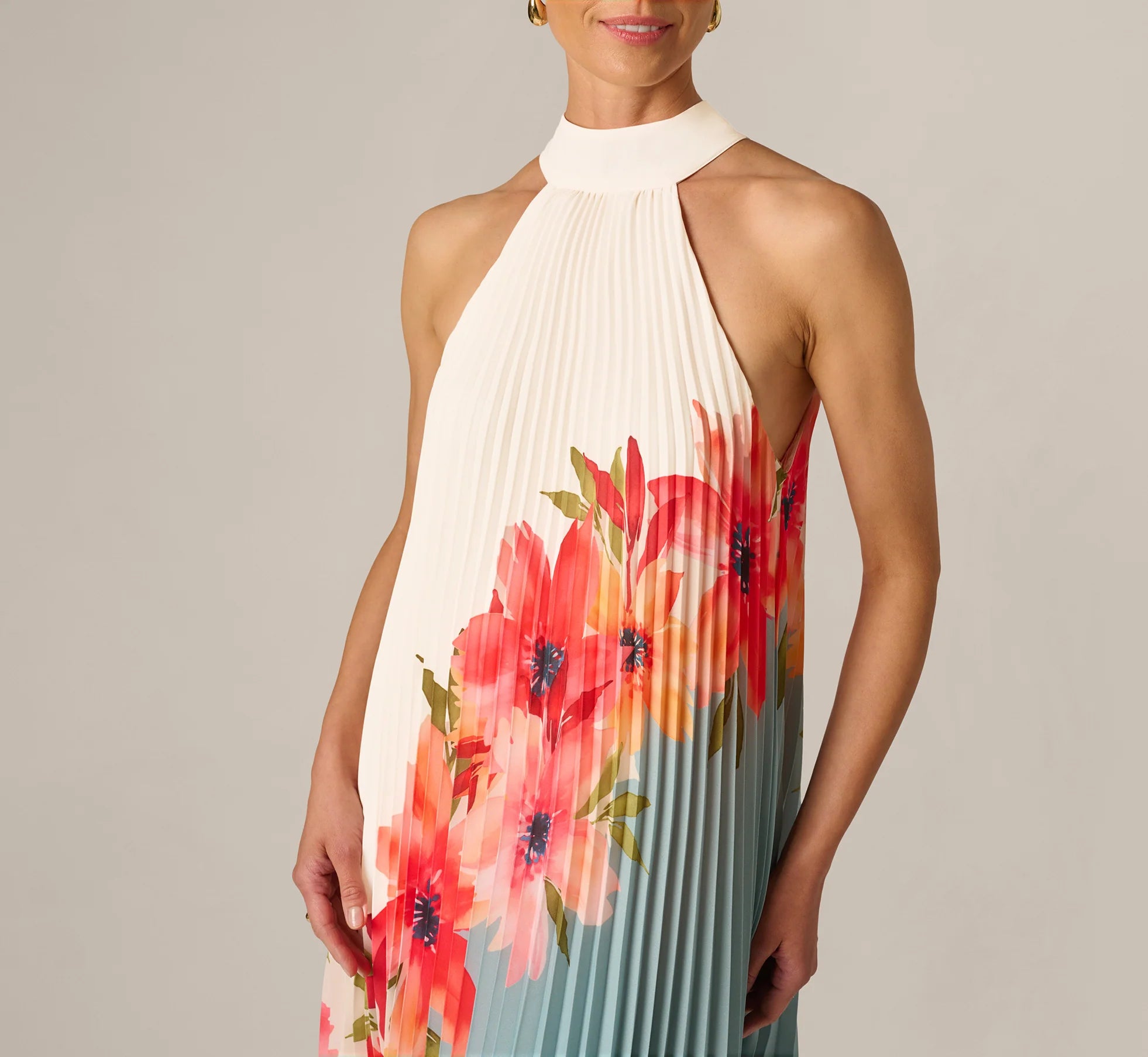 Pleated Chiffon Floral Color Block Midi Trapeze Dress In Blue Multi