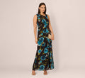 Asymmetrical Draped Floral Chiffon Gown In Black Multi