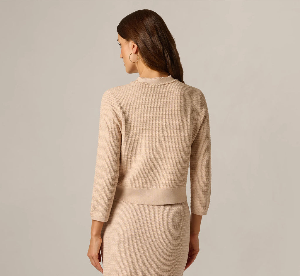 Waffle Knit Cardigan Sweater With Frayed Edges In Champagne Blush