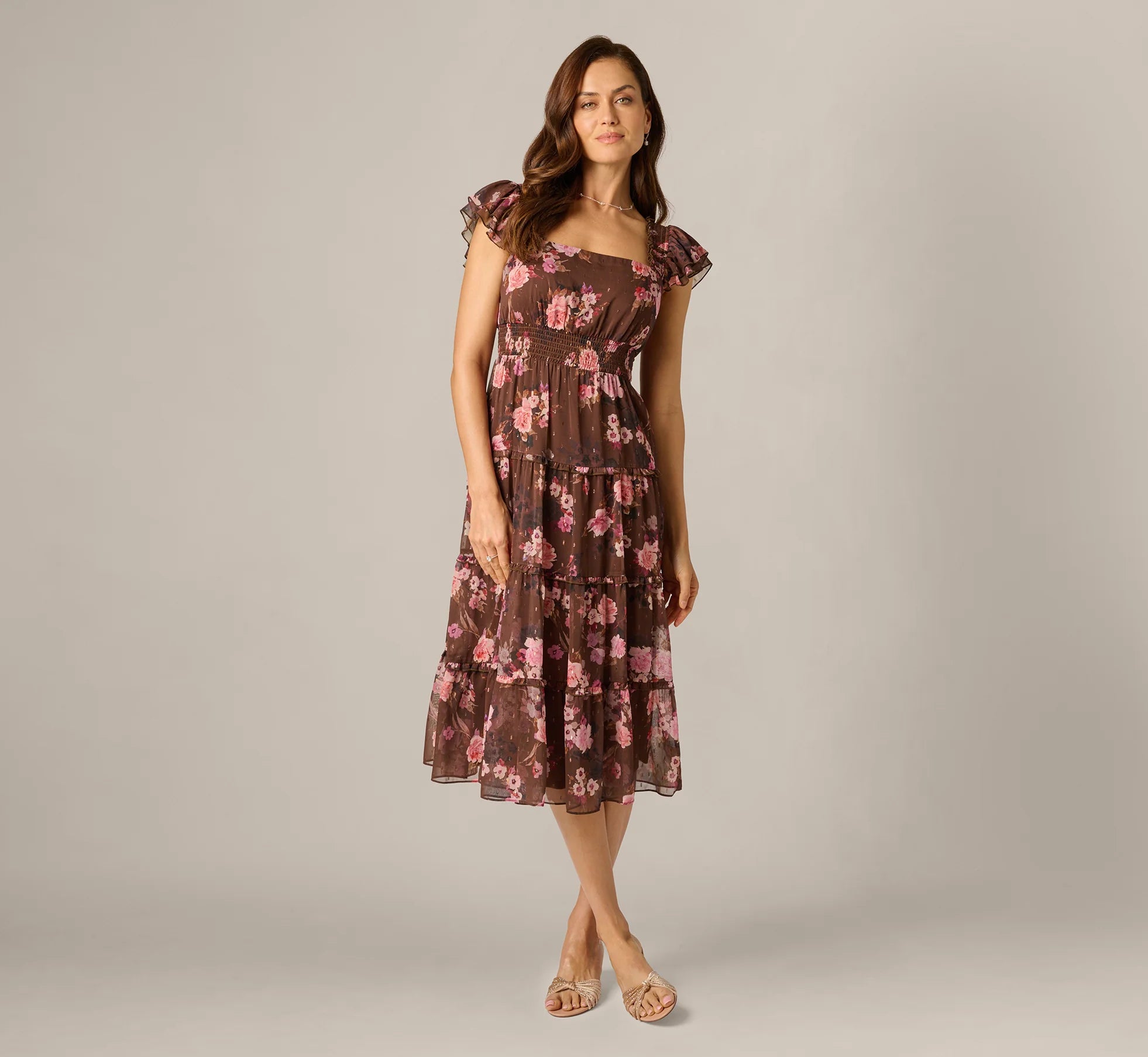 Flutter Sleeve Floral Metallic Chiffon Midi Dress In Brown Multi